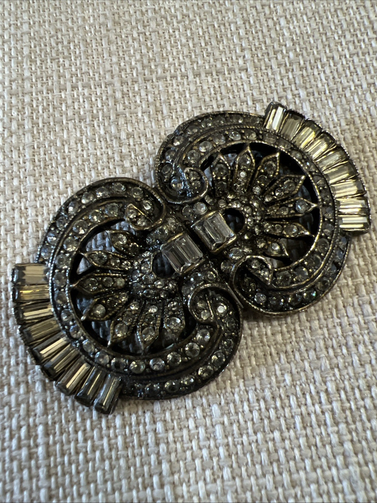 HEIDI DAUS For JIM WALTERS Clear Crystal Art Deco Brooch Antique Gunmetal Beauty
