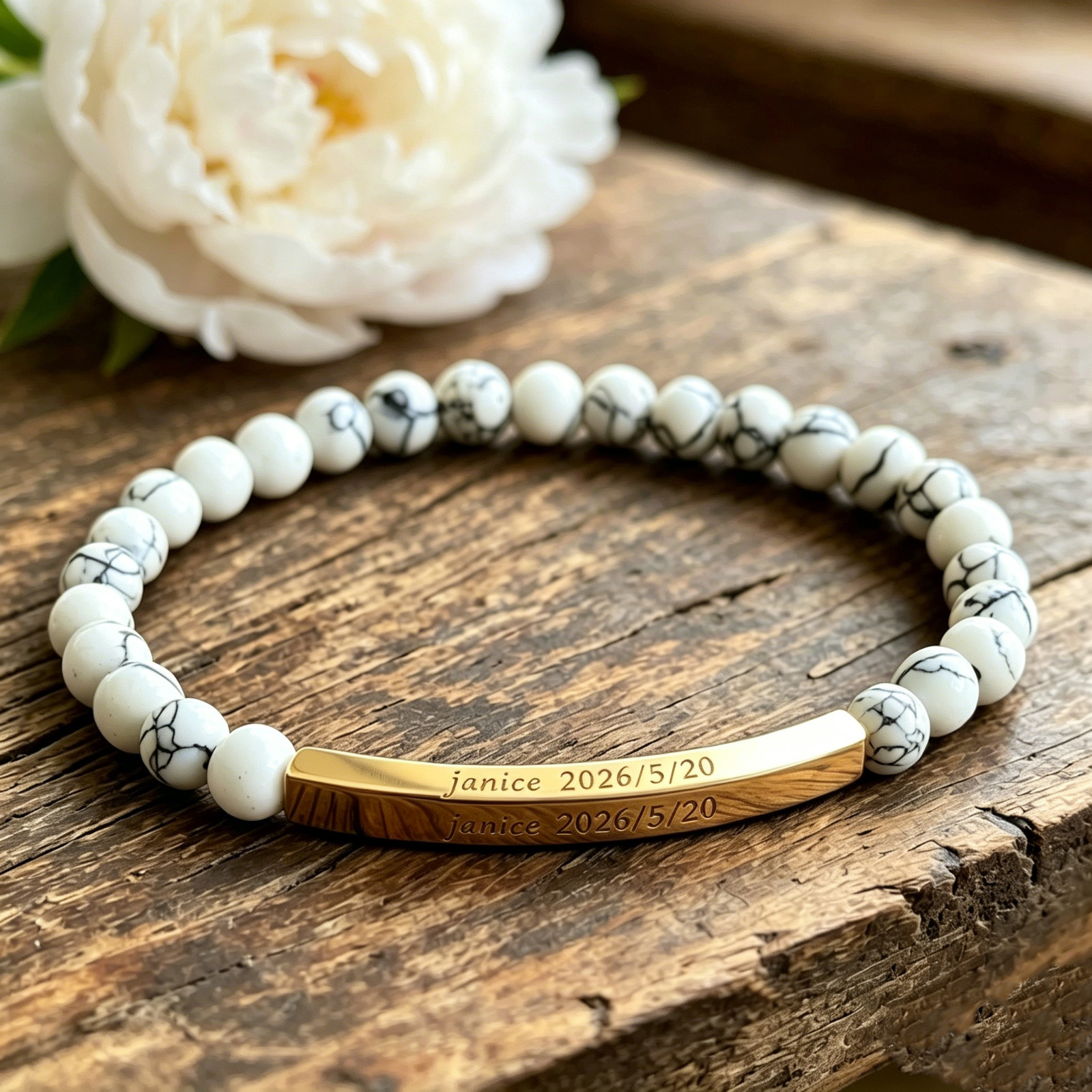 Custom Engraved Howlite Bracelet Personalized Name Date Custom Memorial Bracelet