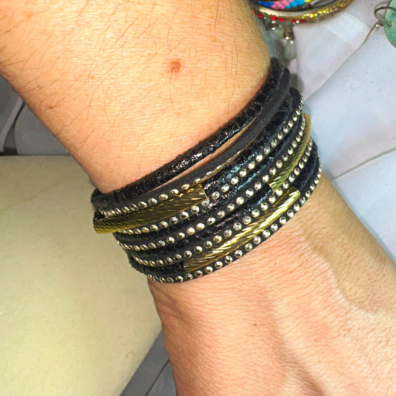 Black Faux Leather Multi-Row Wrap Cuff Bracelet, Gold-Tone Magnetic Clasp