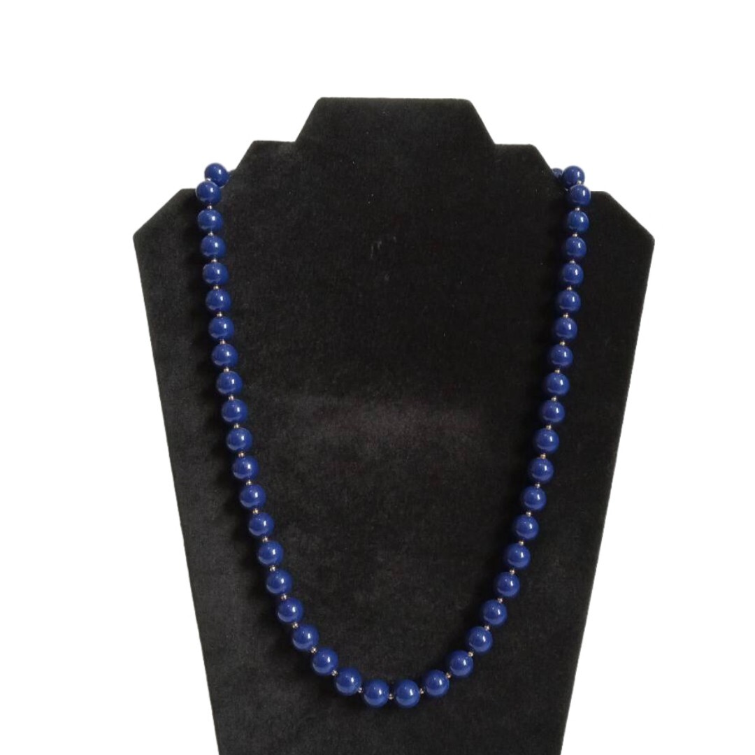Vintage Navy Blue & Gold Toned Single Strand Acrylic Beaded Lightweight Necklace