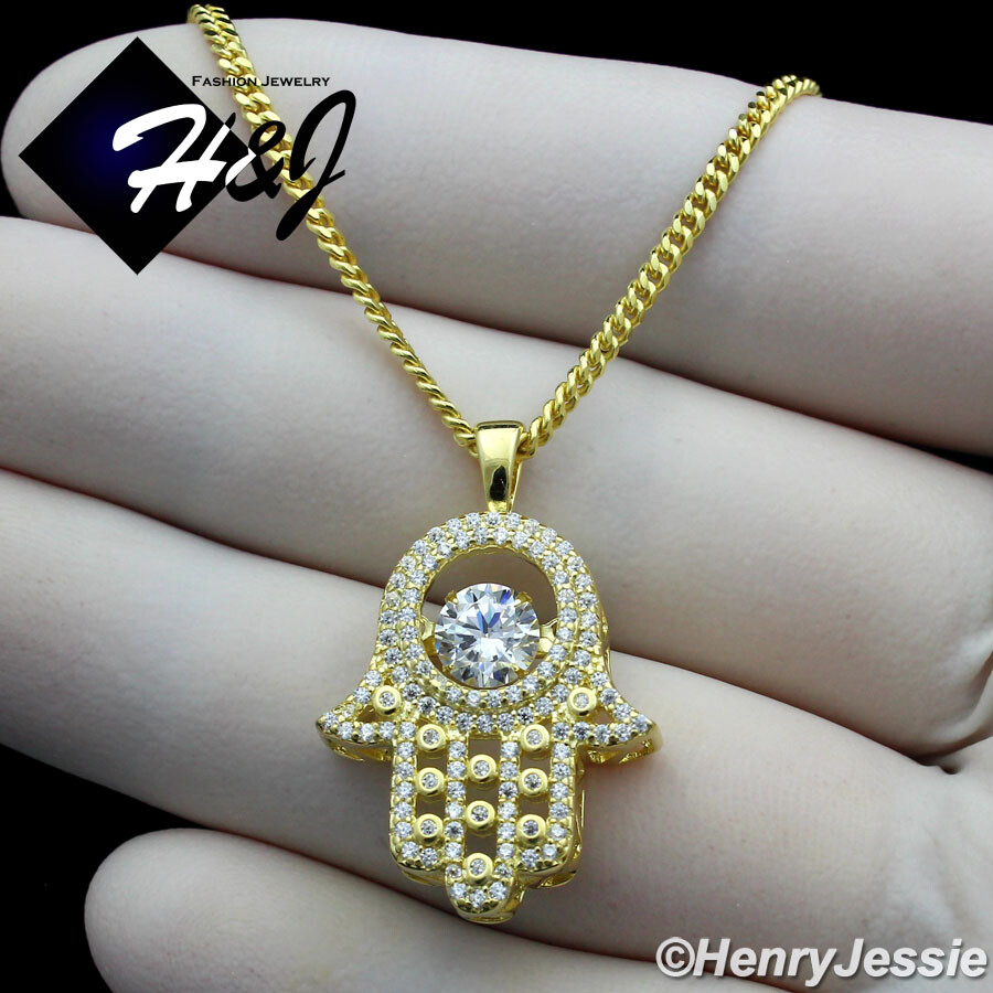 925 STERLING SILVER 16″-24″ GOLD PLATED CHAIN CUBIC ZIRCONIA HAMSA PENDANT*GP256