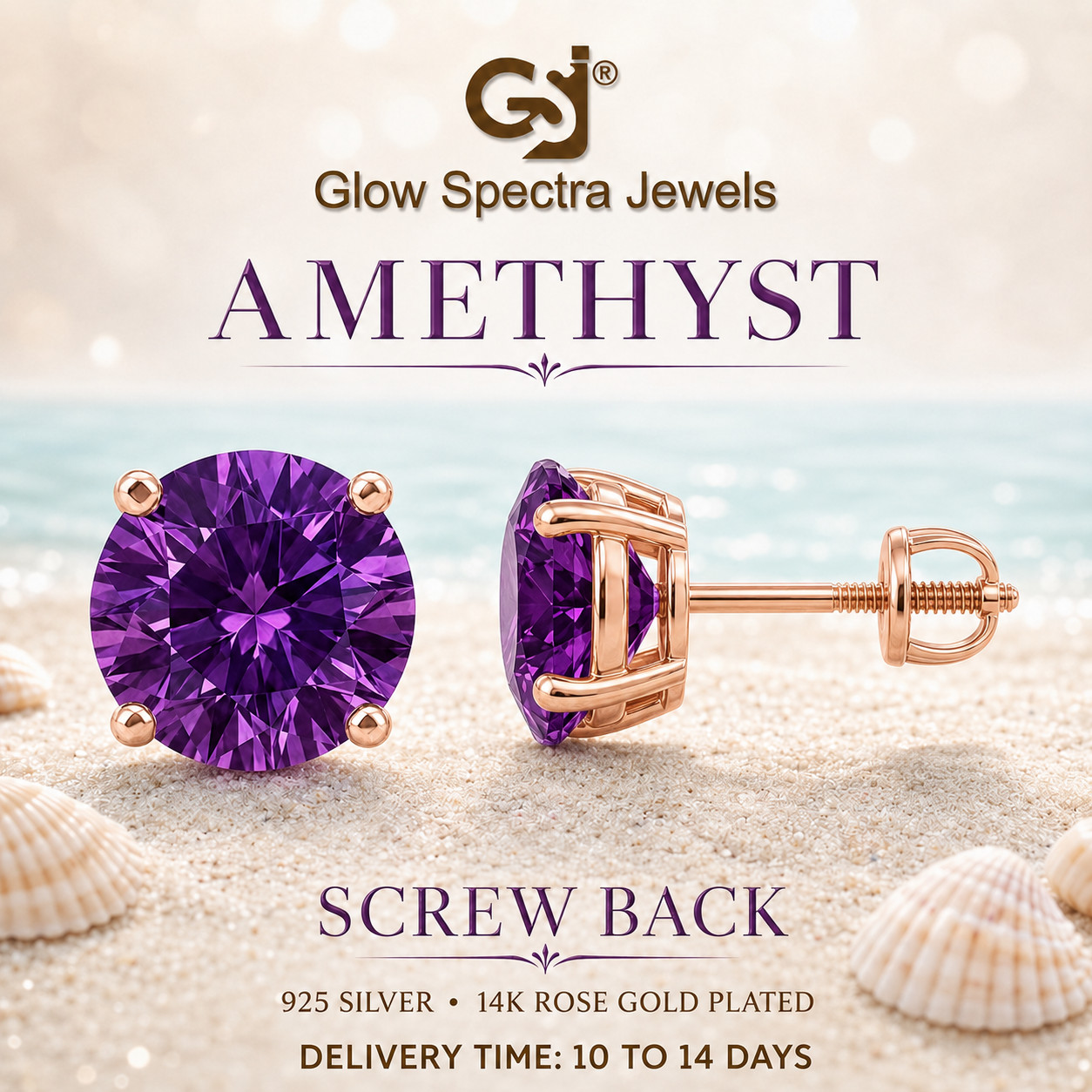2.00CT Solitaire Purple Amethyst Stud Erring Screw Back 14k Rose Gold Plated