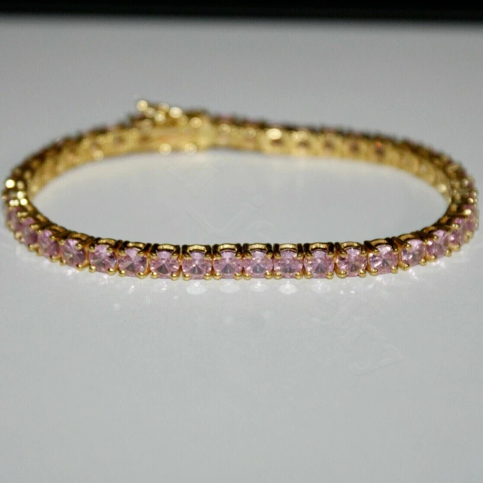 4.00 Ct Round Cut Natural Pink Sapphire Tennis Bracelet 14K Solid Yellow Gold