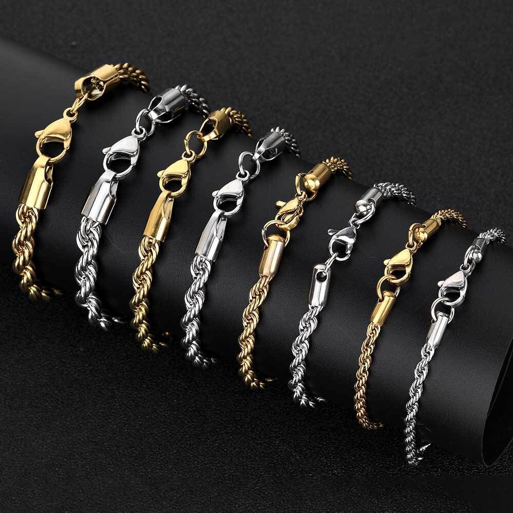 3-7mm Woman Man 18k Gold Plated Stainless Steel Rope Chain Bracelet Bangle 7-9”