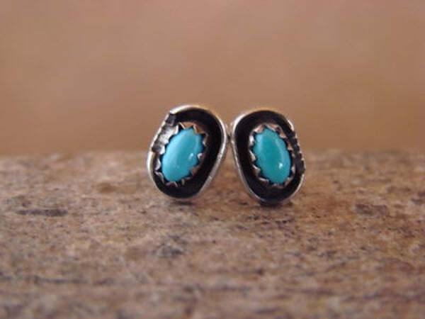 Native American Sterling Silver Handmade Turquoise Stud Post Earrings – Spencer