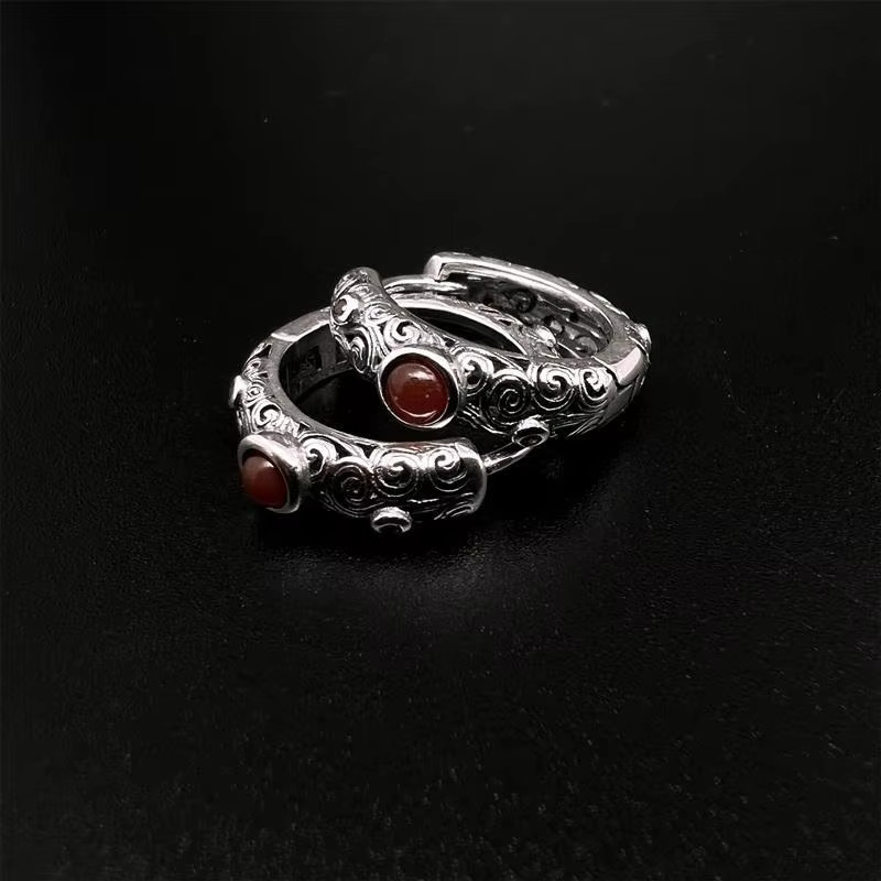 925 Sterling Silver Vintage Red Agate Huggie Hoop Earrings Boho Floral Women Gif
