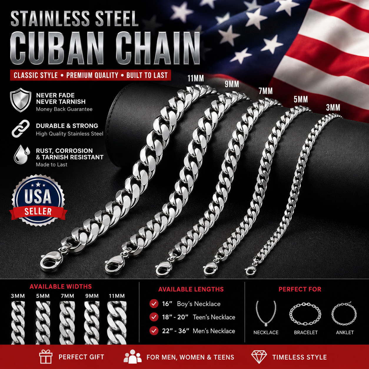 16-36″ Stainless Steel Silver Chain Cuban Curb Womens Mens Necklace 3/5/7/9/11mm