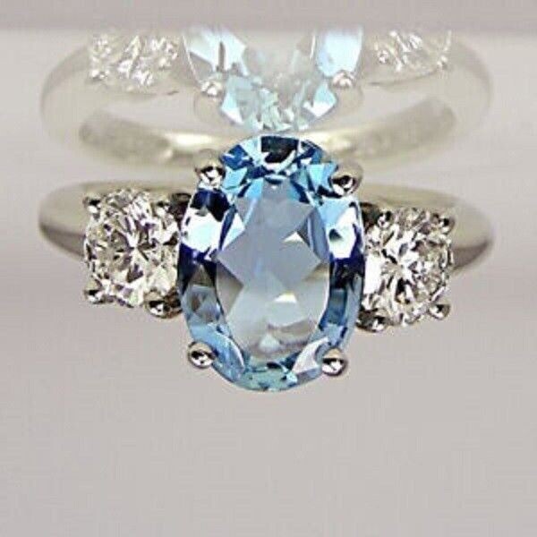 Women’s Stunning Wedding Ring Oval Simulated Aquamarine In 14K White Gold Plated