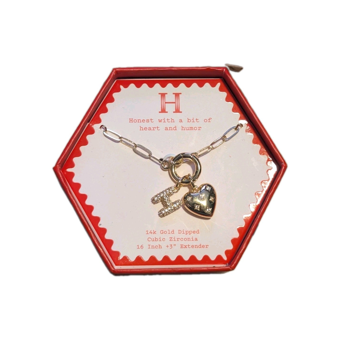 A New Day 14k Gold Dipped Initial H Charm Necklace Heart Cubic Zirconia