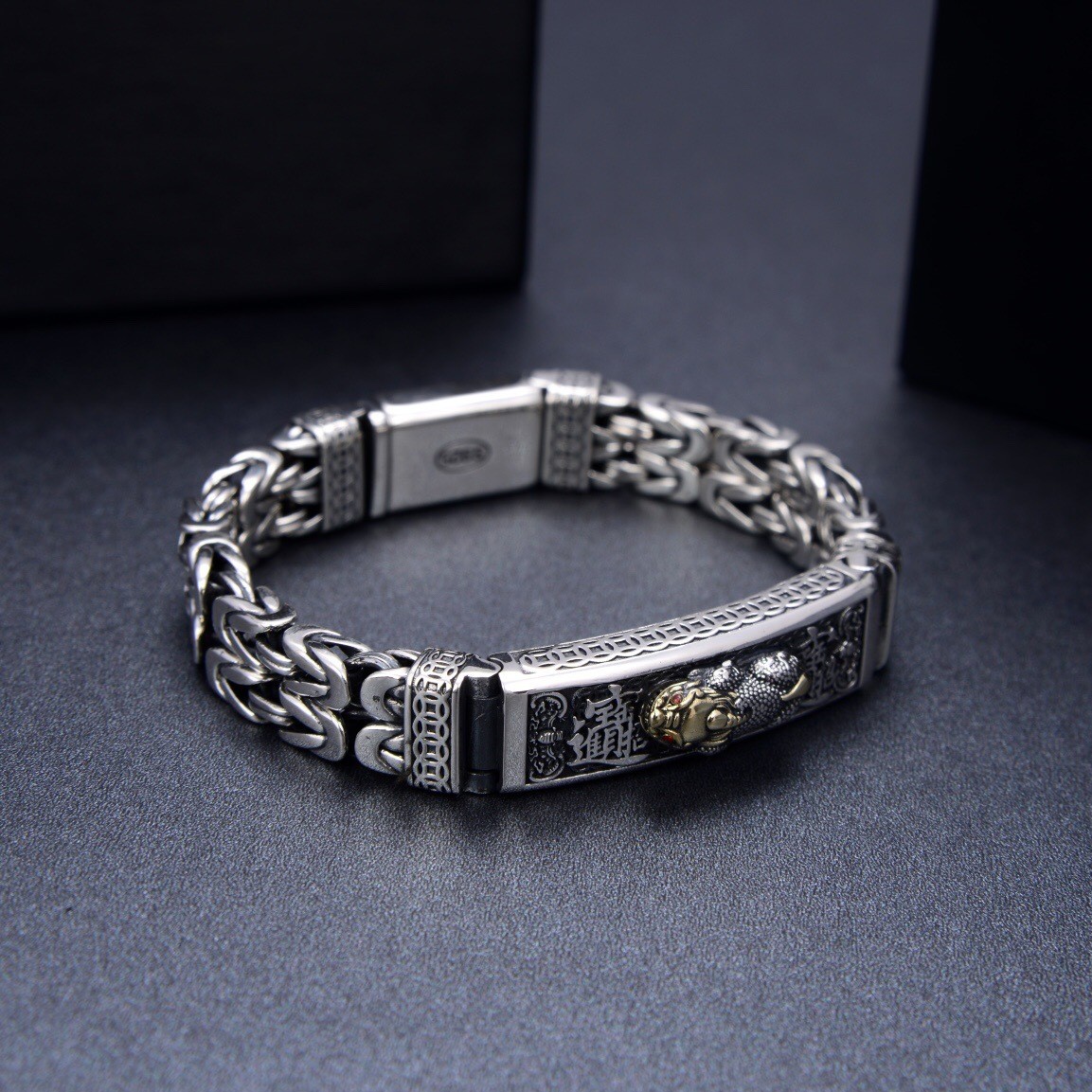 Fine Pure S925 Sterling Silver Chain Pixiu Byzantine Link Bracelet 7.1-7.9inch