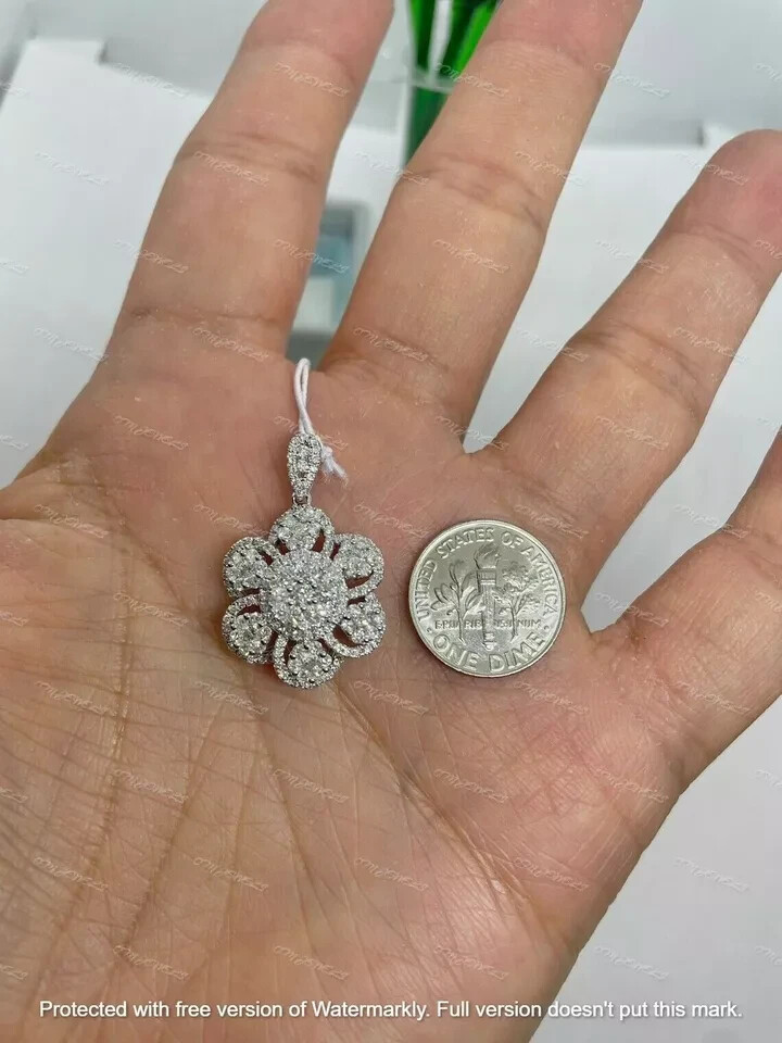 3Ct Round Cut VVS1/D Diamond Flower Pendant 14K White Gold Finish