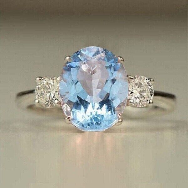 Women’s Stunning Wedding Ring Oval Simulated Aquamarine In 14K White Gold Plated