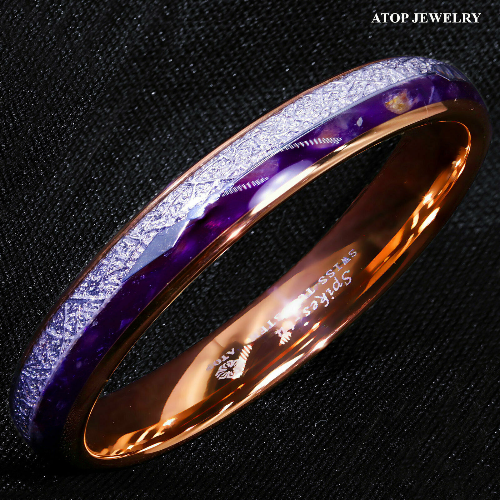 ATOP 8/6mm Purple Agate Meteorite Arrow Rose Gold Tungsten Ring Men