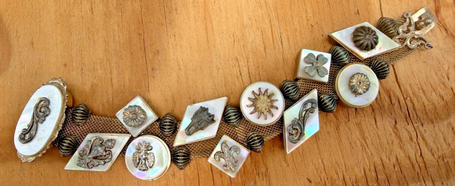 Vintage Mesh Sliding Charm Bracelet Abalone Mother of Pearl Pik NY Rare Unique!