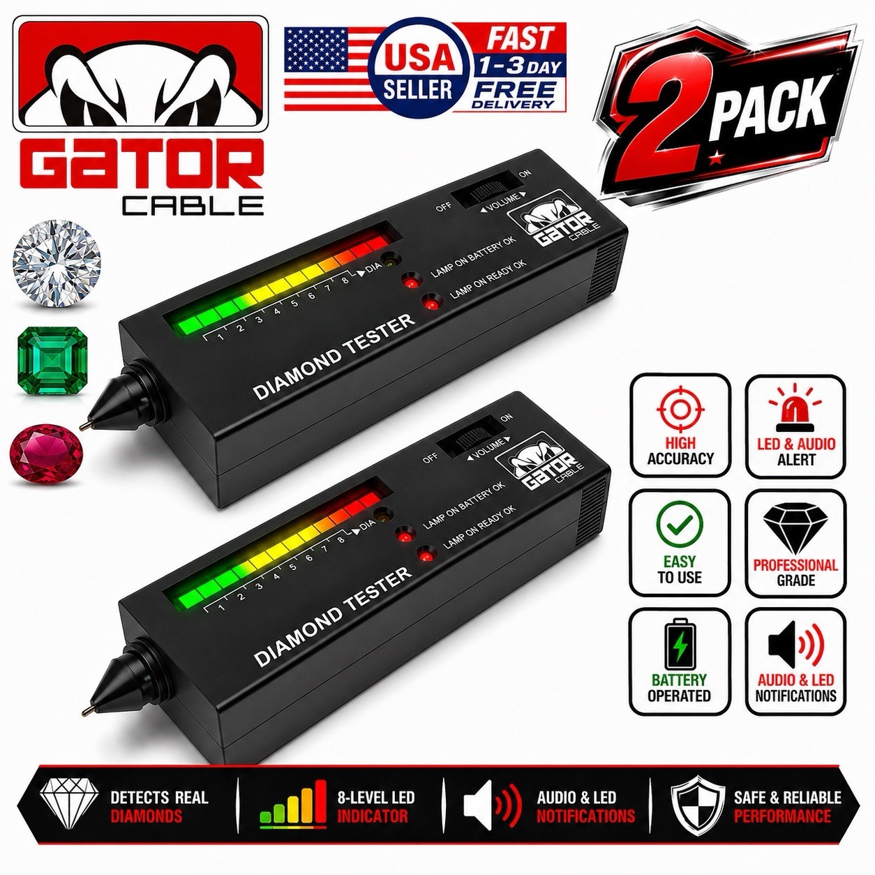 2-Pack Diamond Gemstone Tester Selector Illuminated Jewelry Testing Tool Pen HD