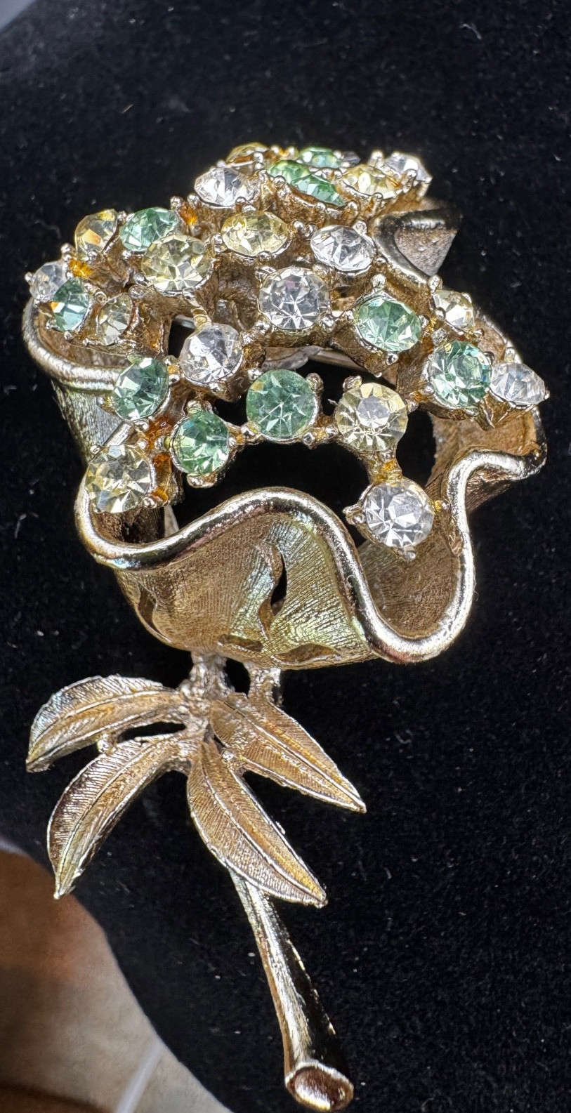 Vintage Signed CORO Rhinestone Flower Bouquet Brooch Green Clear Gold Tone Pin