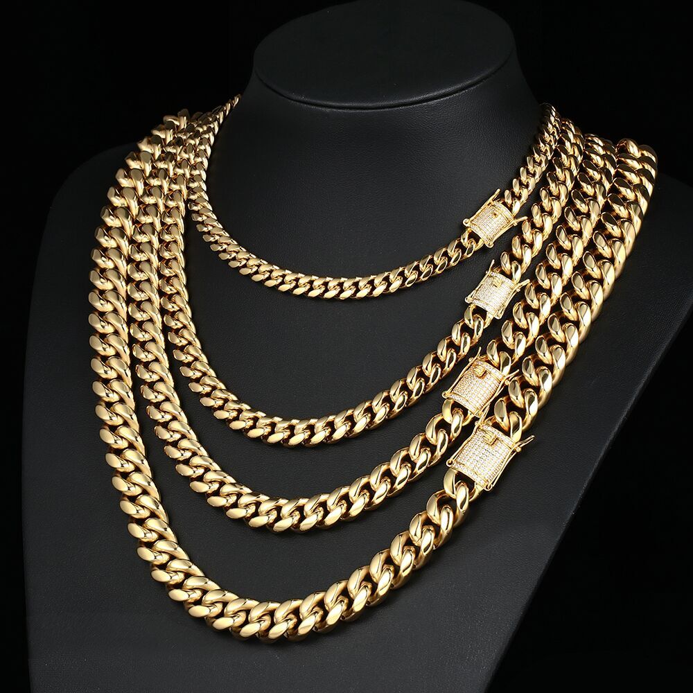 Men’s Gold Plated Stainless Steel Miami Cuban Link Bracelet Chain With CZ Clasp