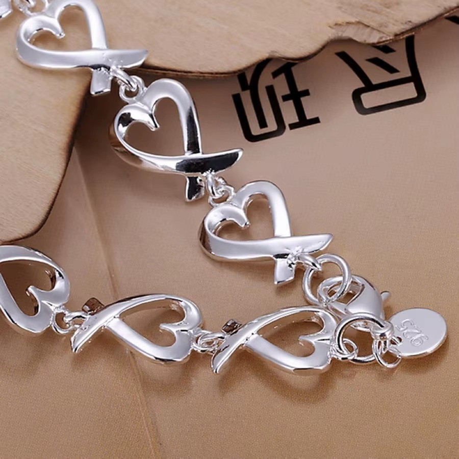 925 Sterling Silver Charm Heart Thick Chain Women Bracelet Fashion Jewelry
