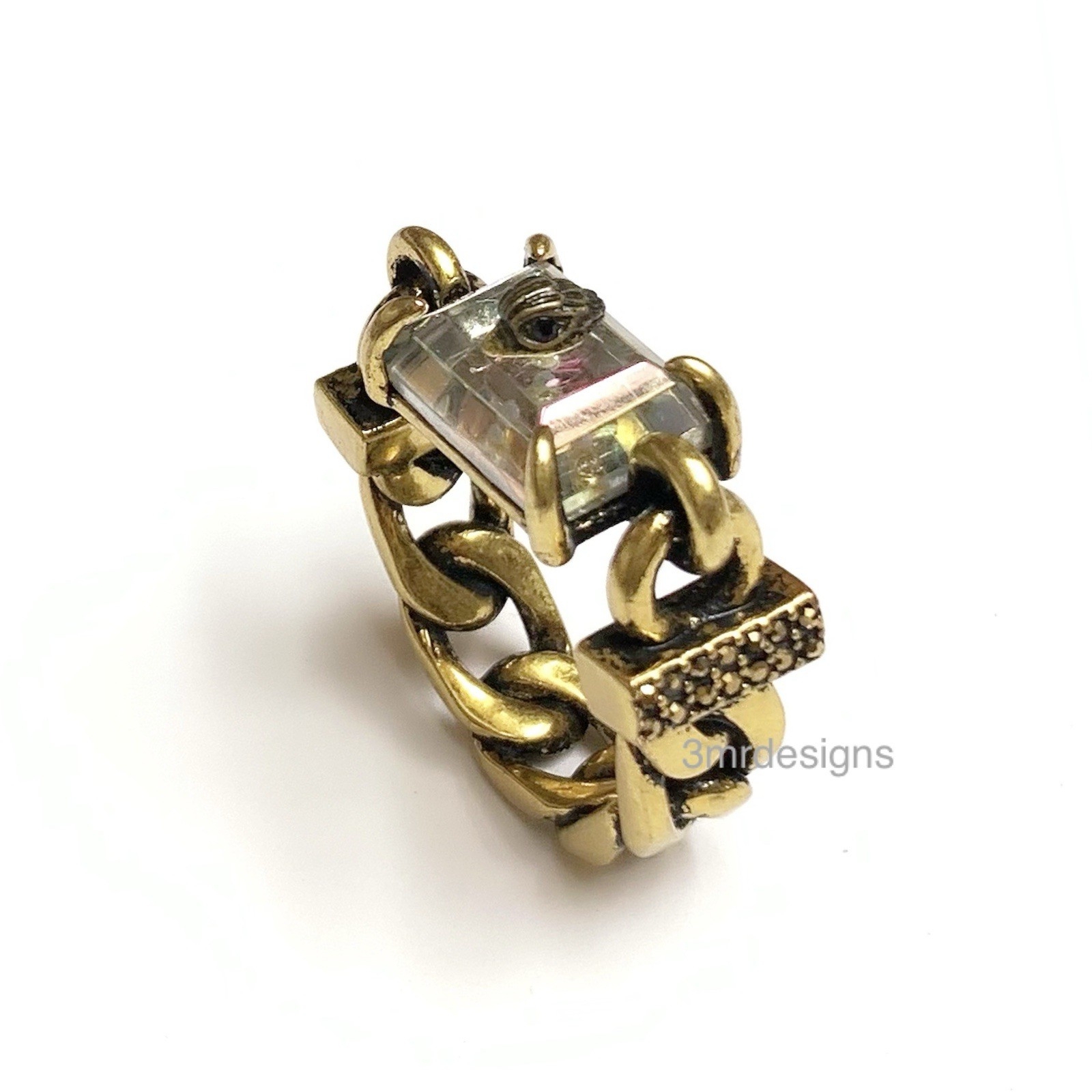 NIB KURT GEIGER EAGLE HEAD Antique Gold Tone Iridescent Crystal Ring-Sz.9