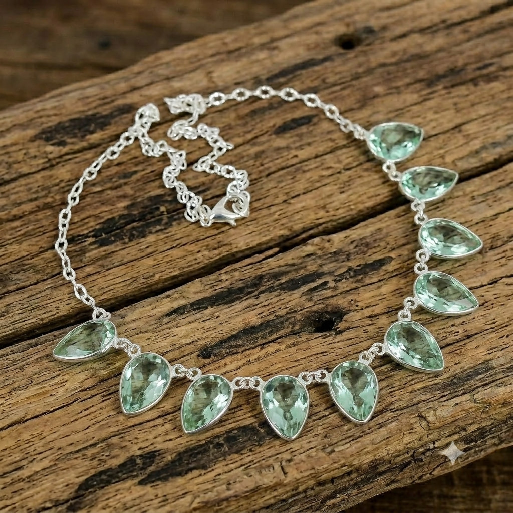 925 Sterling Silver Green Amethyst Gemstone Handmade Jewelry Necklace Size-18