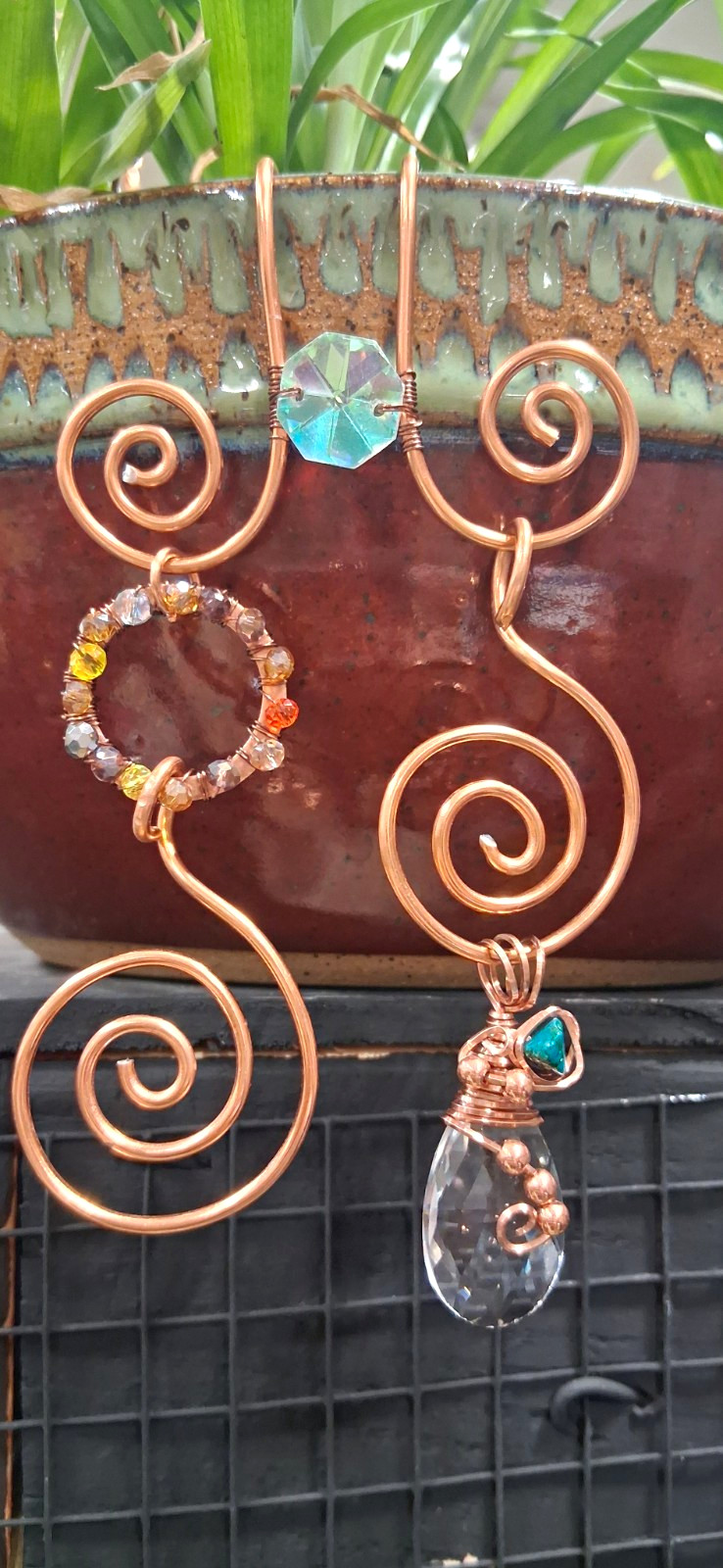 Handcrafted Copper Wire Swirl Plant Charm, Aqua Square Crystal Charm