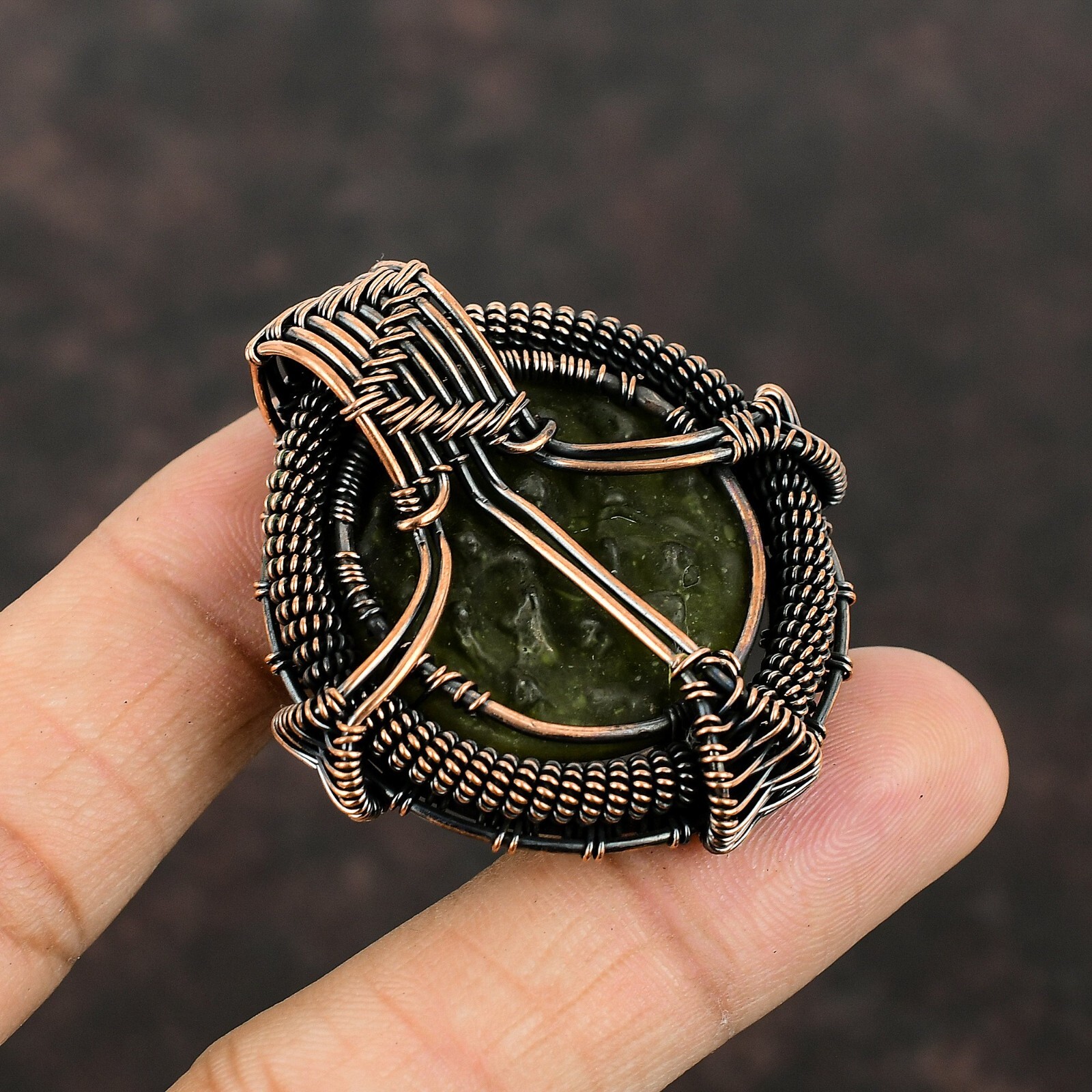 Gift For Her Moldavite Wire Wrapped Tree Of Life Pendant Copper Jewelry 1.81″