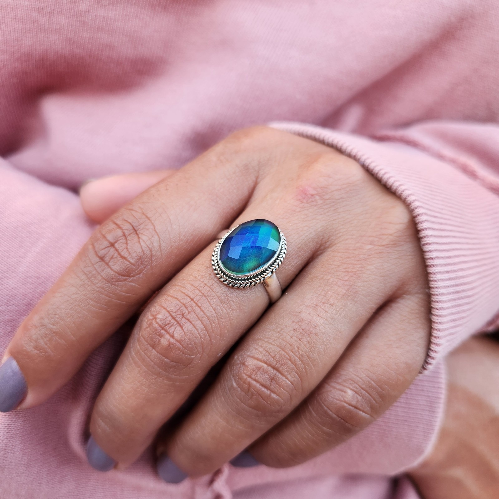 Aurora Opal Ring Aurora Borealis Ring 925 Sterling Silver Northern Light Ring