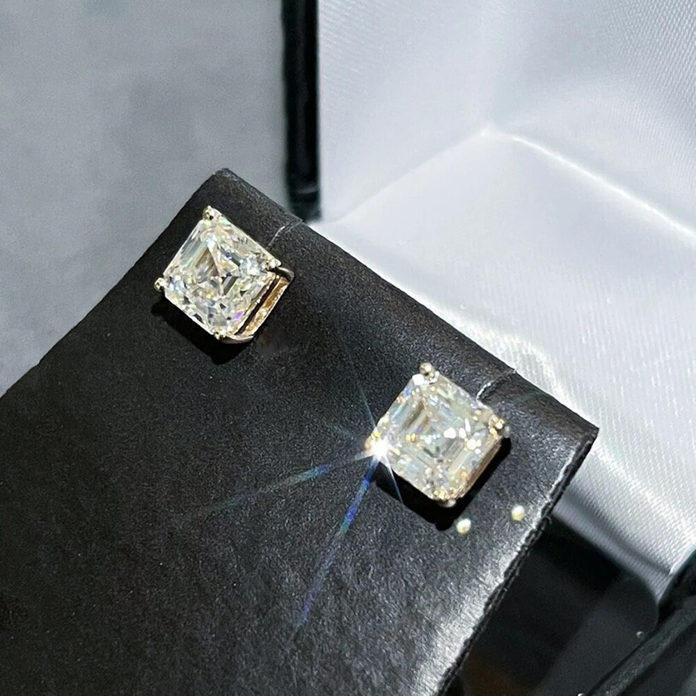 Certified 1.20-10.00ctw D/FL Asscher Cut Moissanite S925 Solitaire Stud Earrings