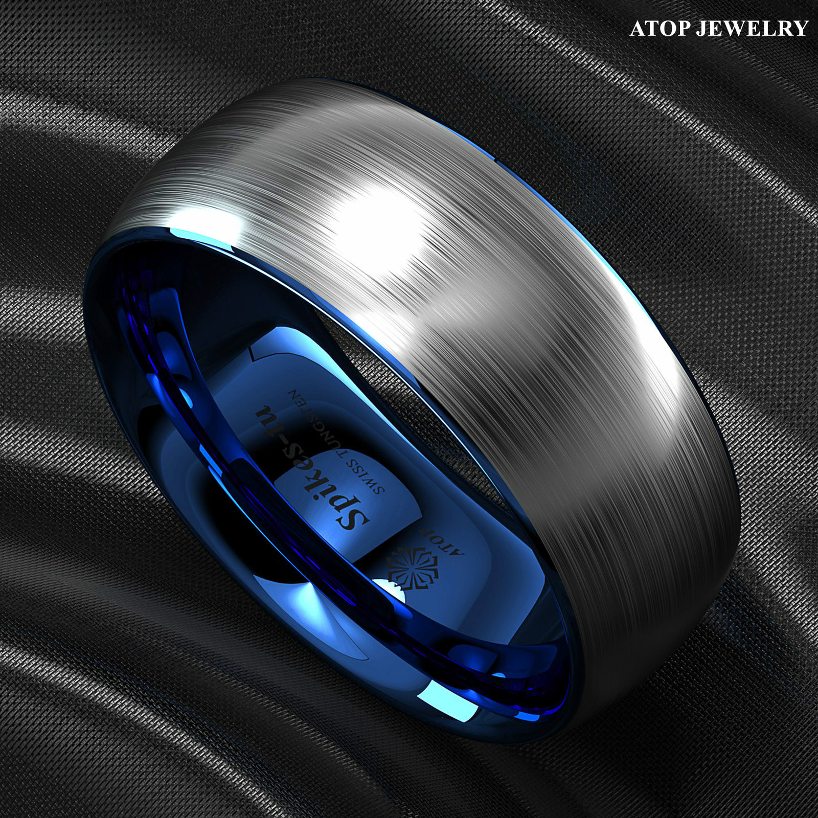 8mm Tungsten Carbide ring Silver Brushed Blue Inlay Wedding Band ATOP Men’s Ring