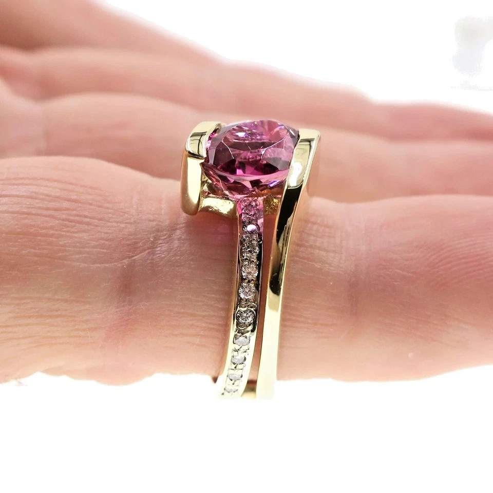 Fabulous 14k Solid Yellow Gold 2.50ct Natural Pink Tourmaline Diamond Ring Sz 7