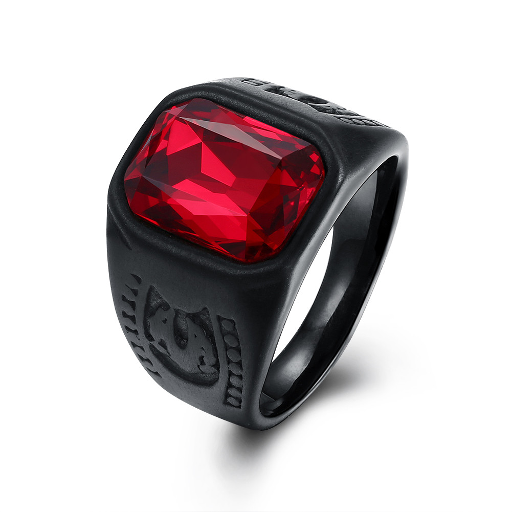 Stainless Steel Black Gun Ring Mens Red Black Stone B550
