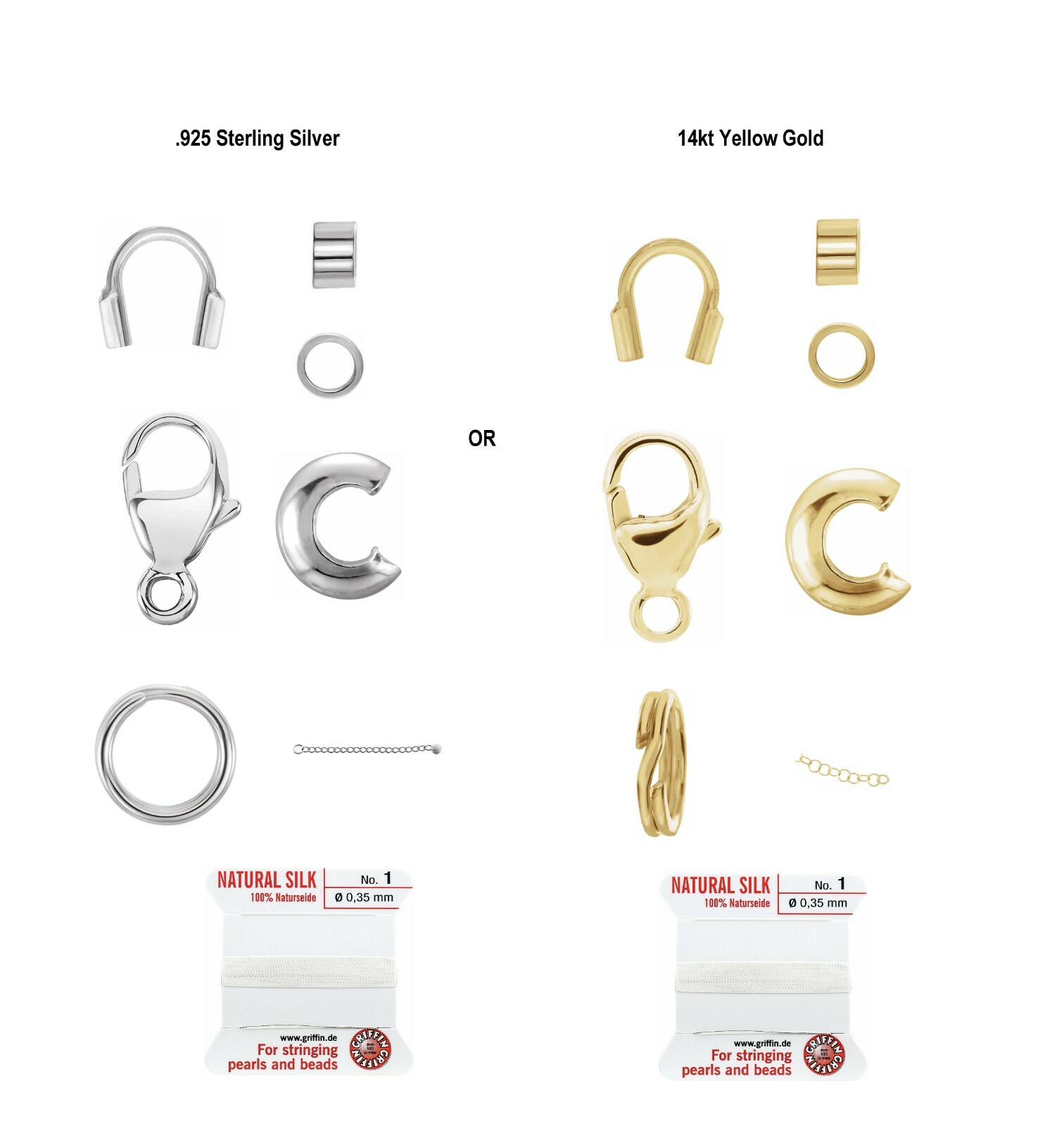 14K Gold or Silver Pearl Bead Strand Kit-Clasp,Cable Thimble,Crimp,Tube,String++