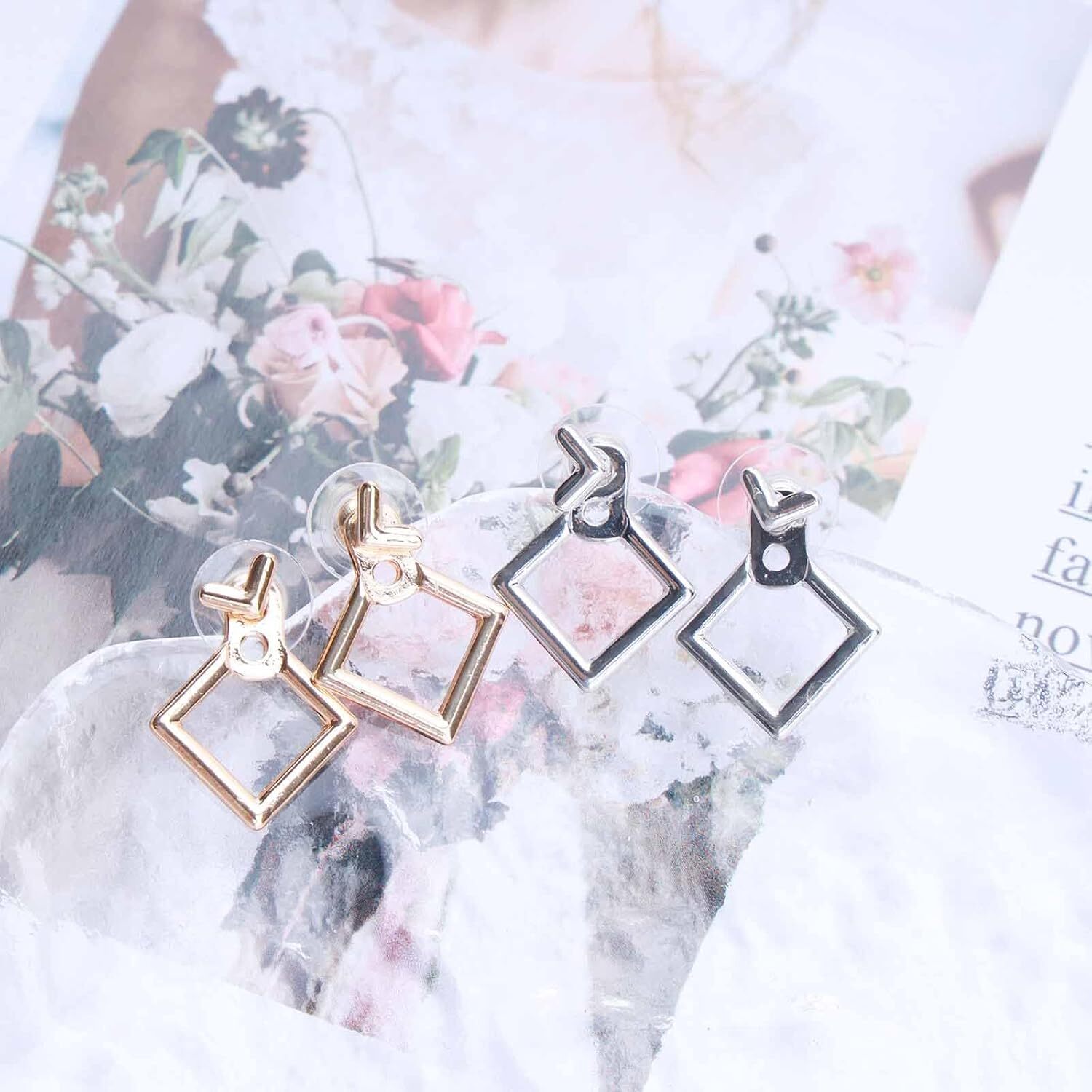 Hollow Square Stud Earring-Boho Square Jacket Earrings-1 pair of ,Silver/Gold