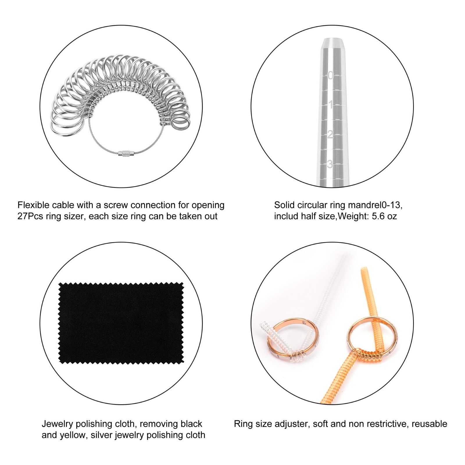 10 Pcs Ring Sizer Set – Gauge, Mandrel, Adjuster, Polishing Cloth & Size Tape