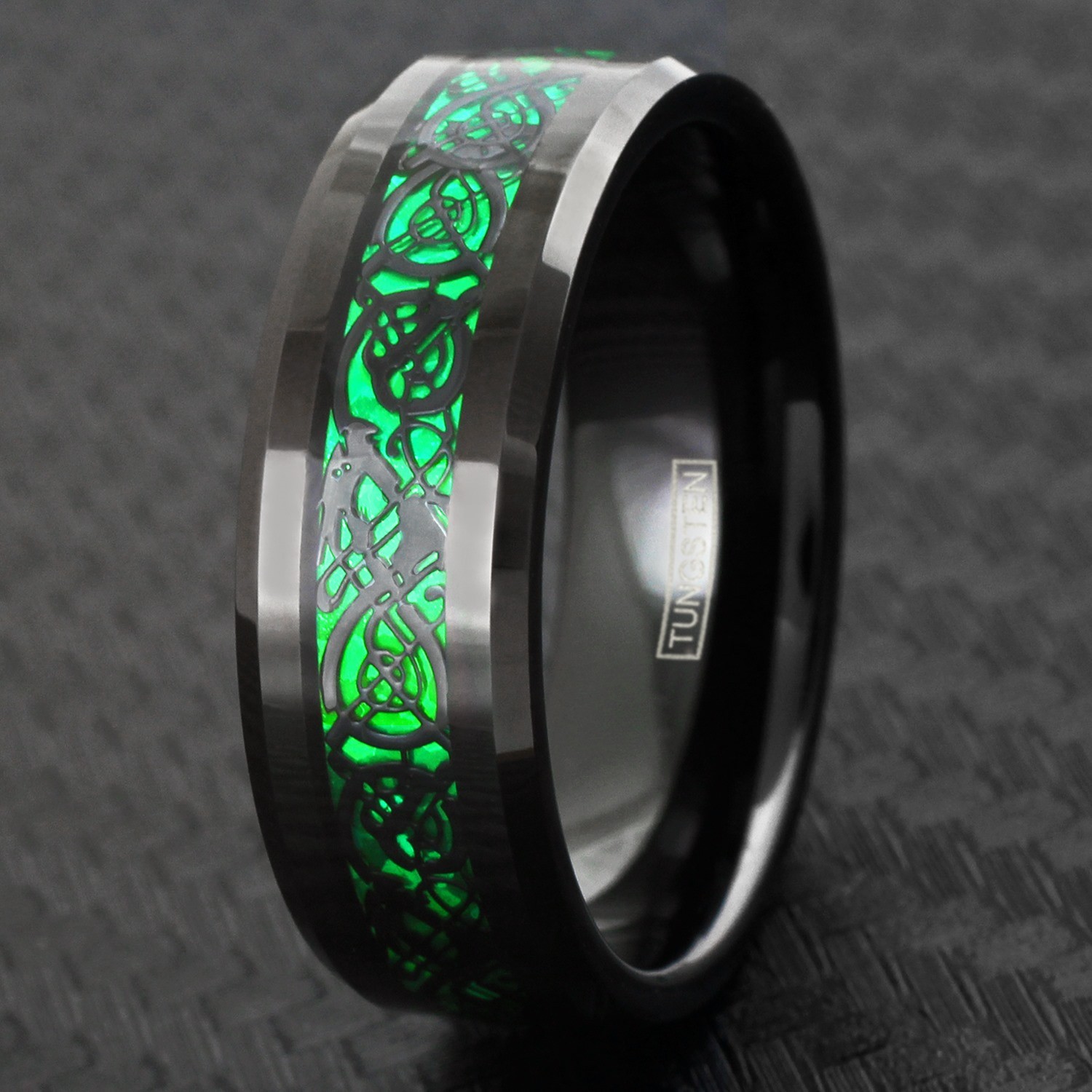 8mm Black Tungsten Carbide Men’s Ring Green Celtic Dragon Wedding Band