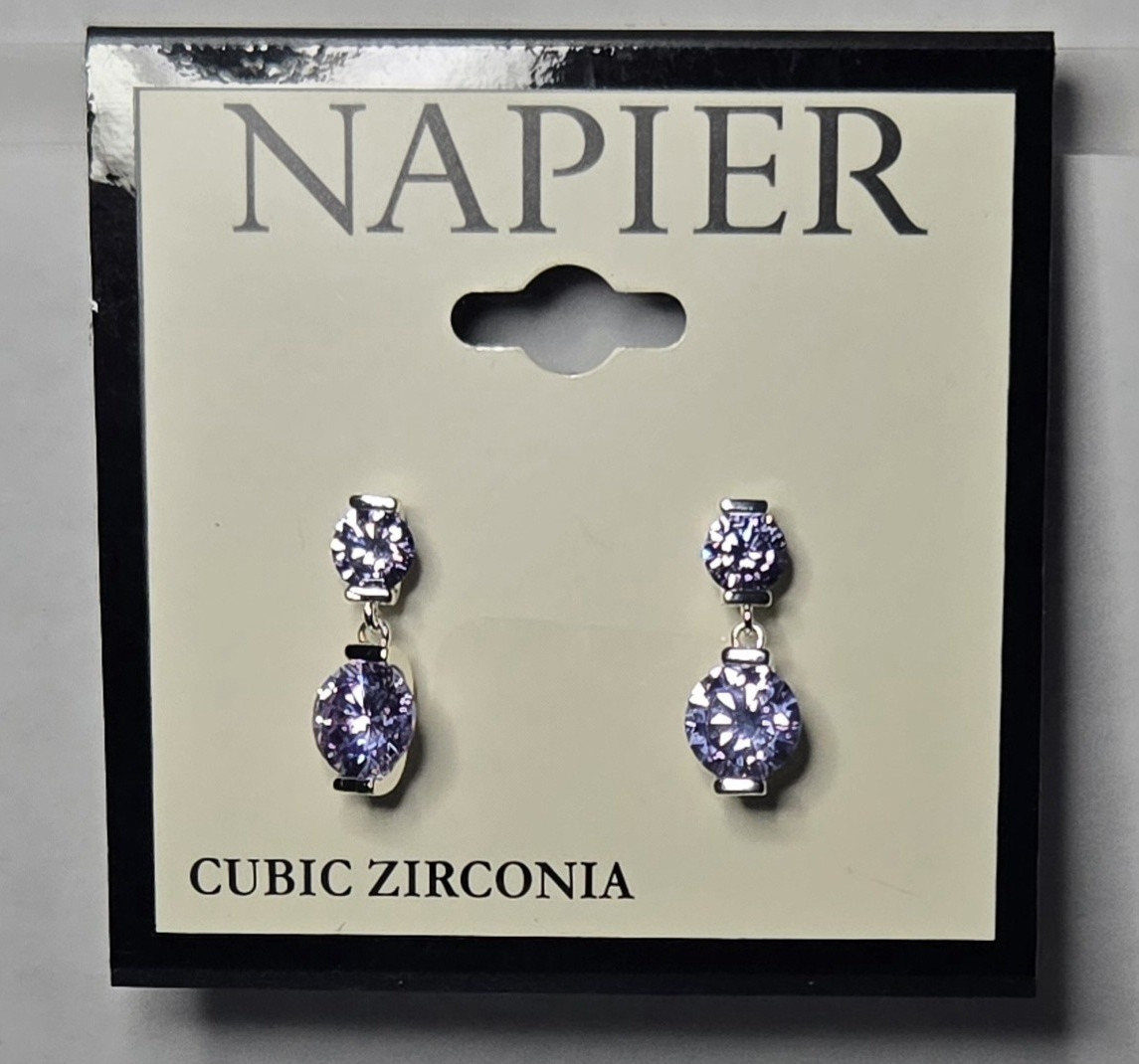 Napier Silver Tone Round Light Purple Cubic Zirconia Double Drop Dangle Earrings