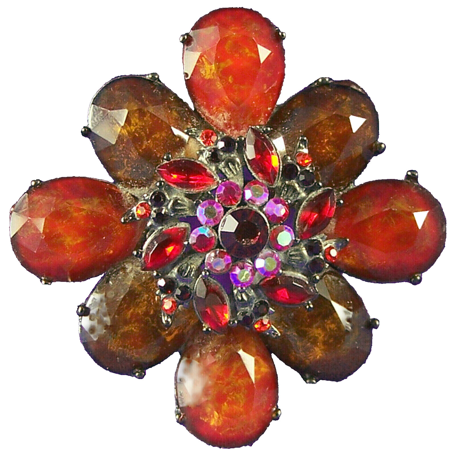 Flower Pin Cluster Rhinestone Brown Orange Red Aurora Borealis BronzeTone Brooch