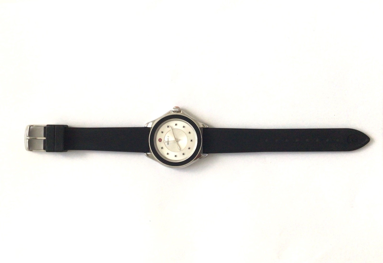 Michele Cape Diamond White Face Black Bezel Silicone Band Watch MWW27A000012