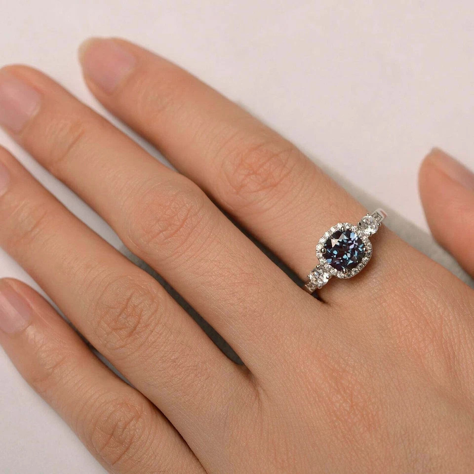 2.50Ct Round Cut Alexandrite Diamond Halo Engagement Ring 14K White Gold Finish