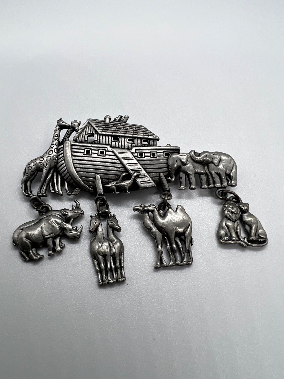 Vintage JJ Jonette Pewter Noah’s Ark Boat w/ Dangling Animals Brooch Pin