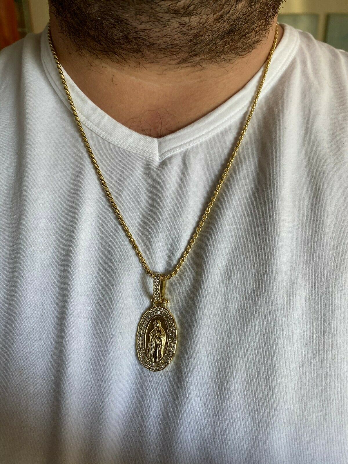 925 Sterling Silver Virgin Mary Necklace Pendant CZ Medallion Icy Chain Baguette