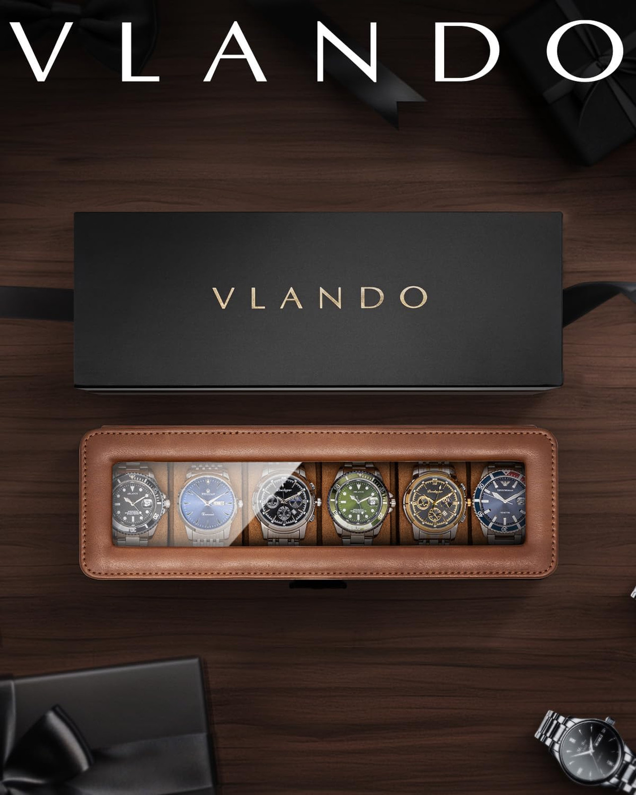 Watch Box for Men, Lockable Brown Leather-Style Organizer with Glass Lid, Six