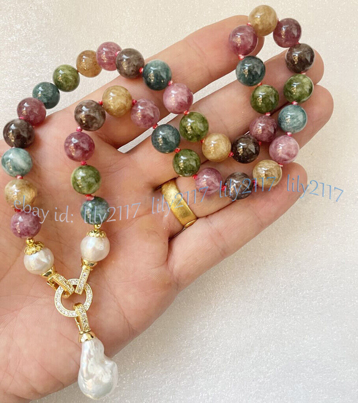 Multicolor Tourmaline Round Gemstone White Keshi Baroque Pearl Pendant Necklace