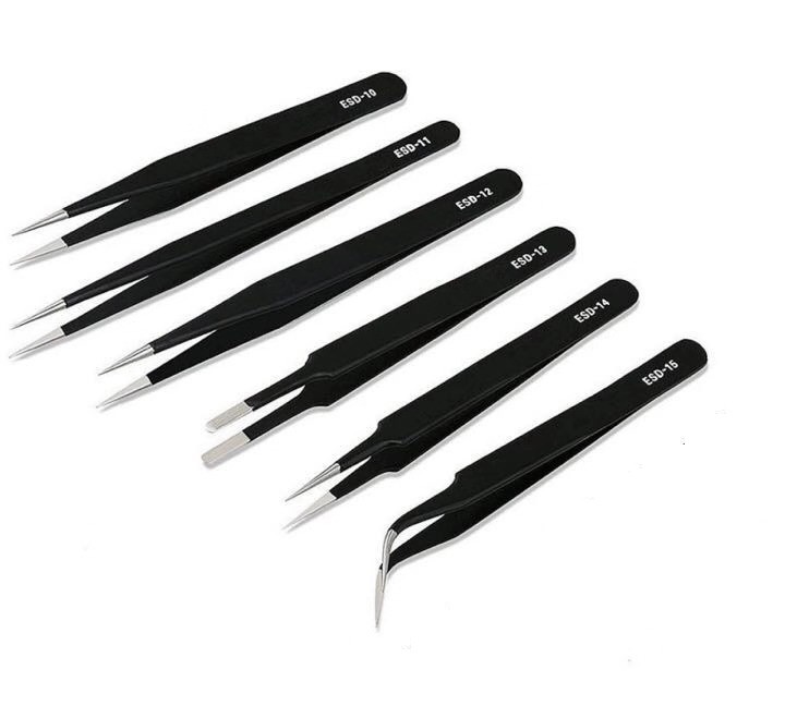 6Pcs ESD Anti-static Tweezers Set Maintenance Repair Stainless Steel Tools Kit