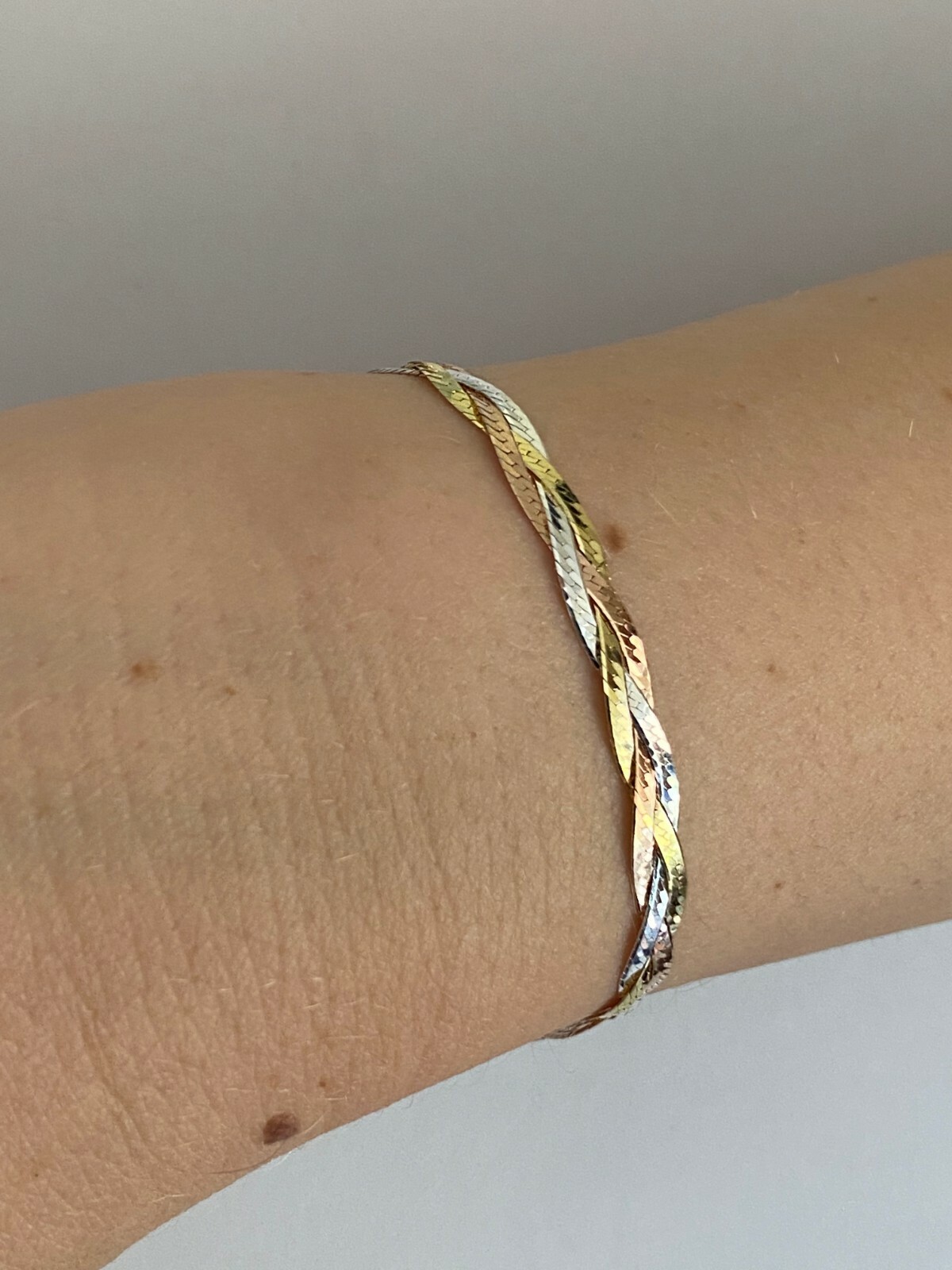 Solid 925 Silver Tri Color Yellow Rose Gold Plated Twisted Braided Herringbone