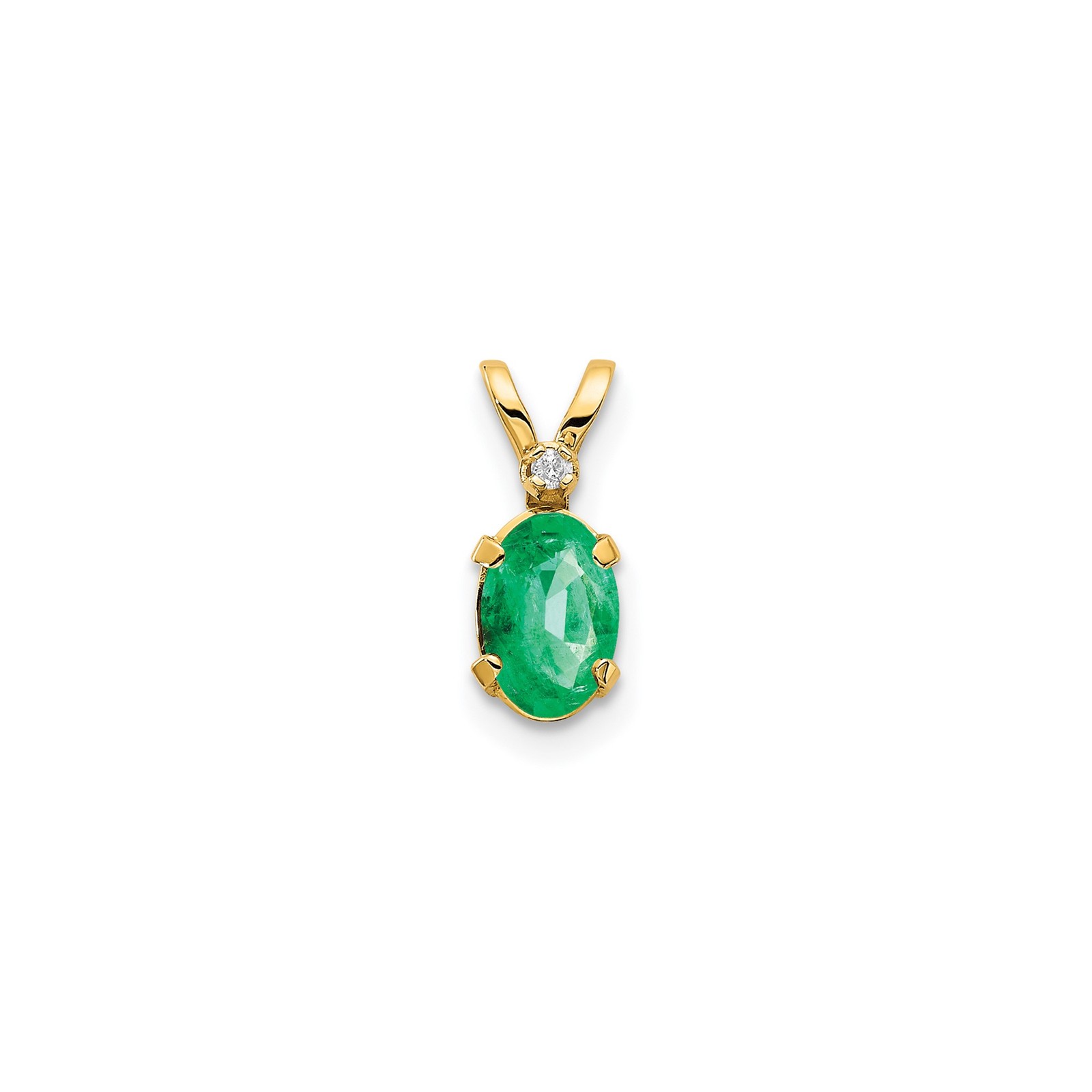 14k Yellow Gold Solid Oval Emerald Pendant with Diamond Accent 12mm
