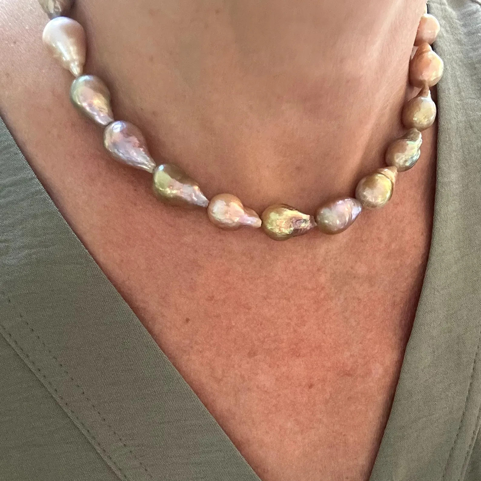 Baroque Pearl Necklace | Solid 14K Gold | 12x18mm Multicolor Freshwater Choker