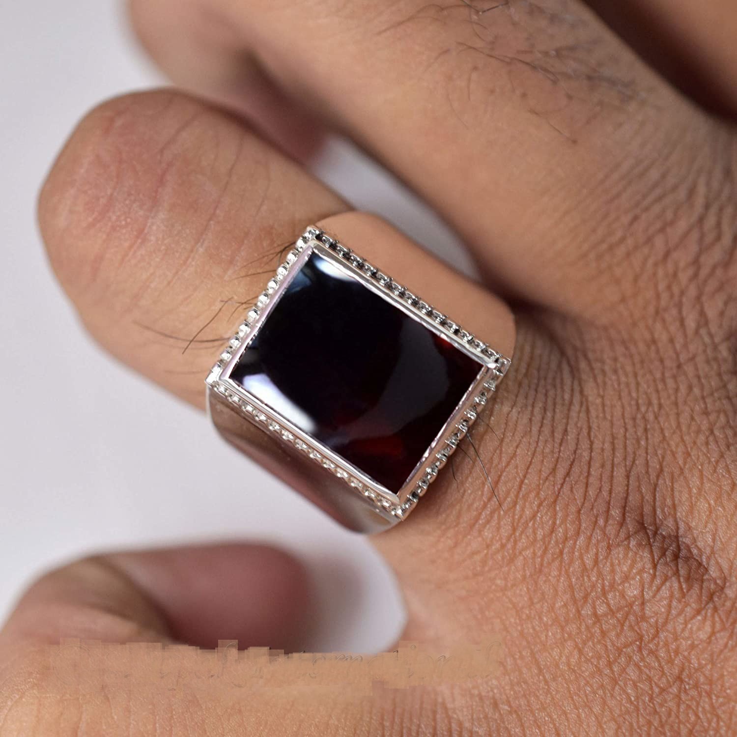 Solid 925 Sterling Silver Red Garnet Rectangle Gemstone Gift Men’s Unisex Ring