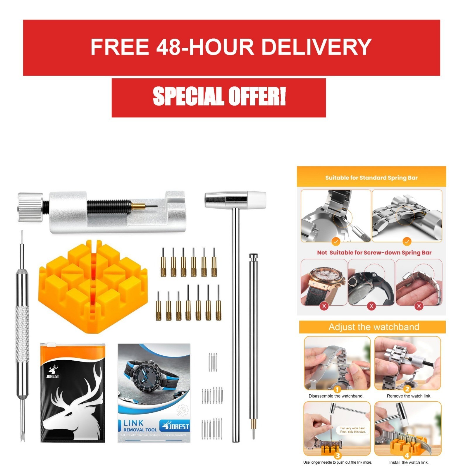 JOREST Watch Link Removal Tool Kit – 20PCS Spring Bars & User Manual