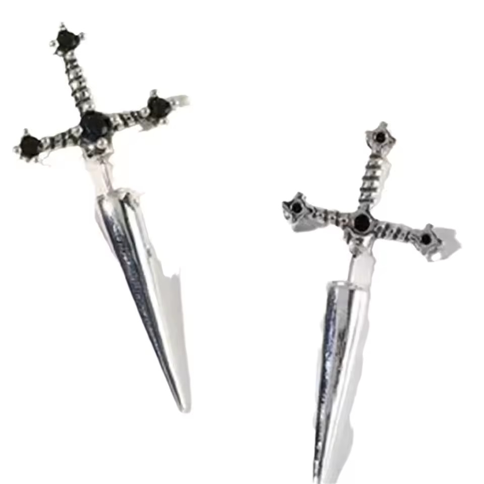 2pcs Gothic Sword Stud Earrings, Vintage Punk Crystal Dagger Ear Piercing Jewelr